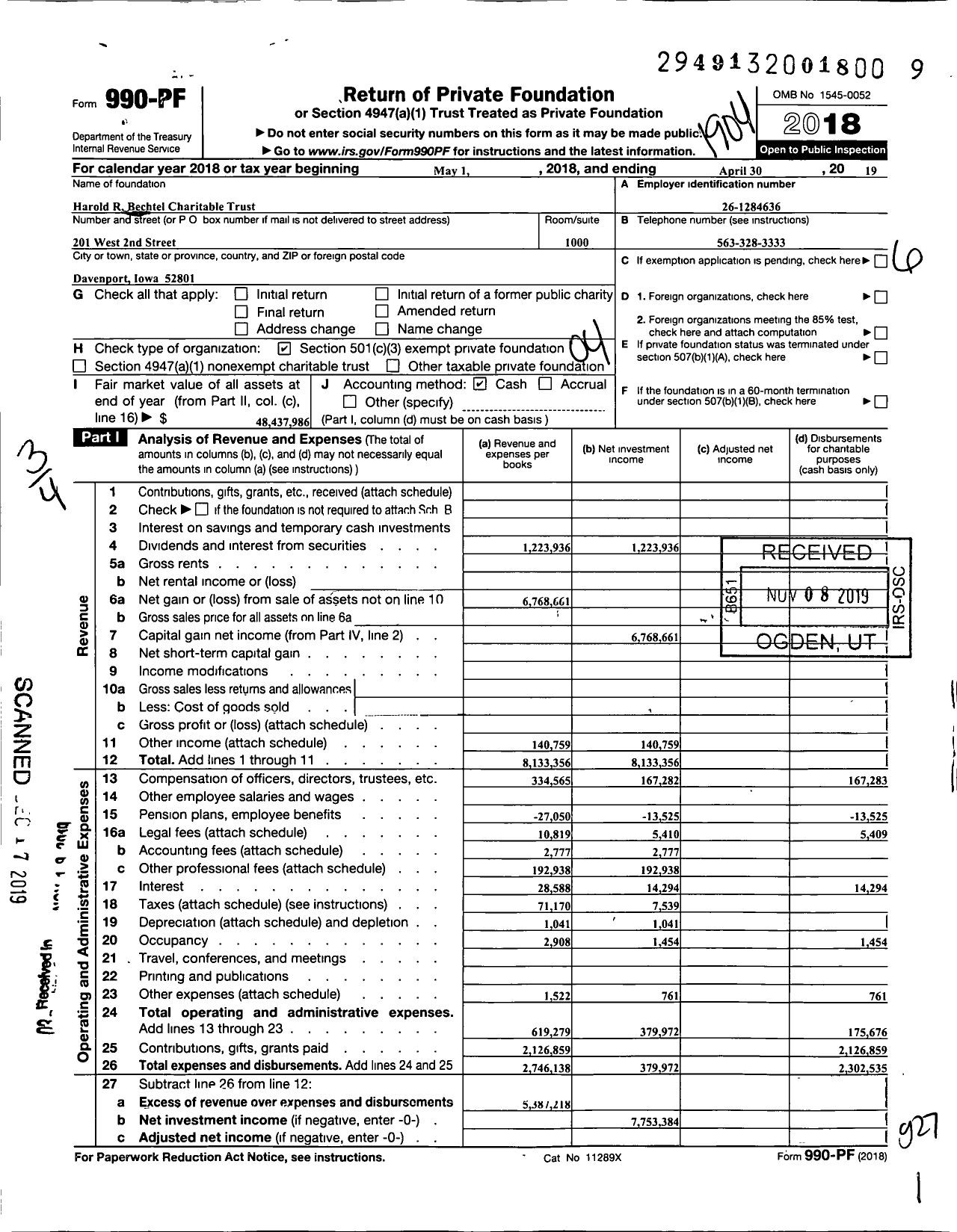 Image of first page of 2018 Form 990PF for Harold R. Bechtel Charitable Trust