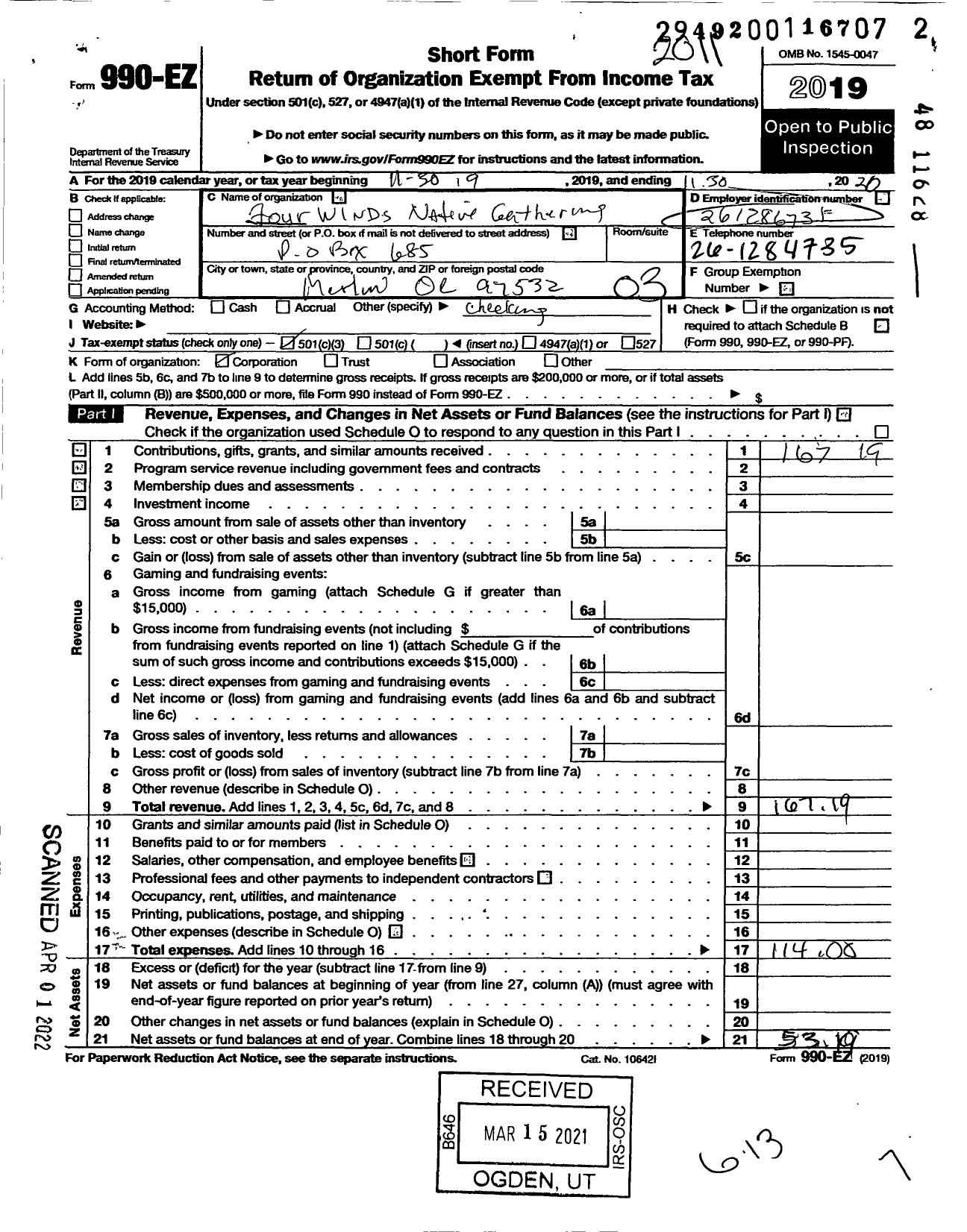 Image of first page of 2019 Form 990EZ for Four Winds Native Gathering