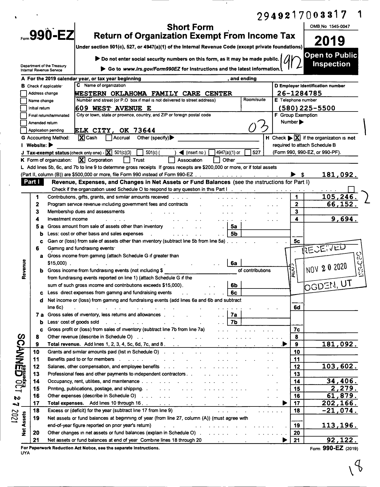 Image of first page of 2019 Form 990EZ for Western Oklahoma Family Care Center