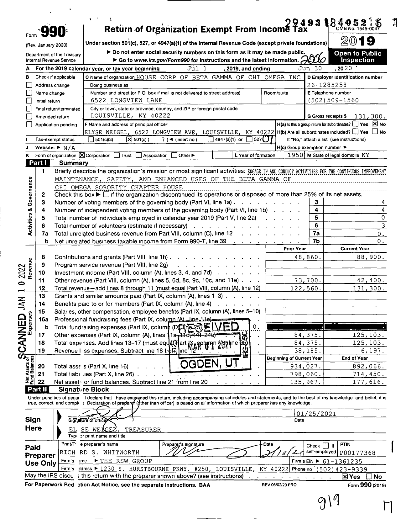 Image of first page of 2019 Form 990O for House Corp of Beta Gamma of Chi Omega
