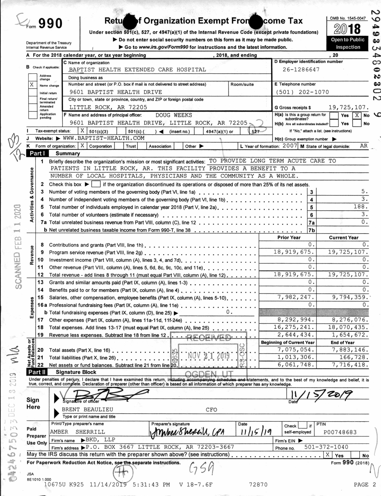 Image of first page of 2018 Form 990 for Baptist Health Extended Care Hospital