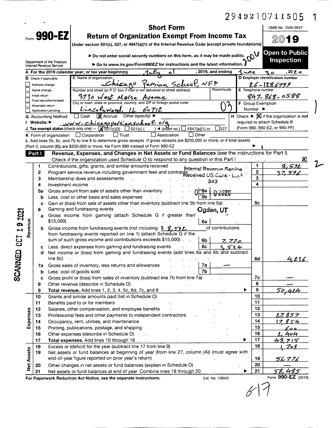 Image of first page of 2019 Form 990EZ for Chicago Persian School NFP