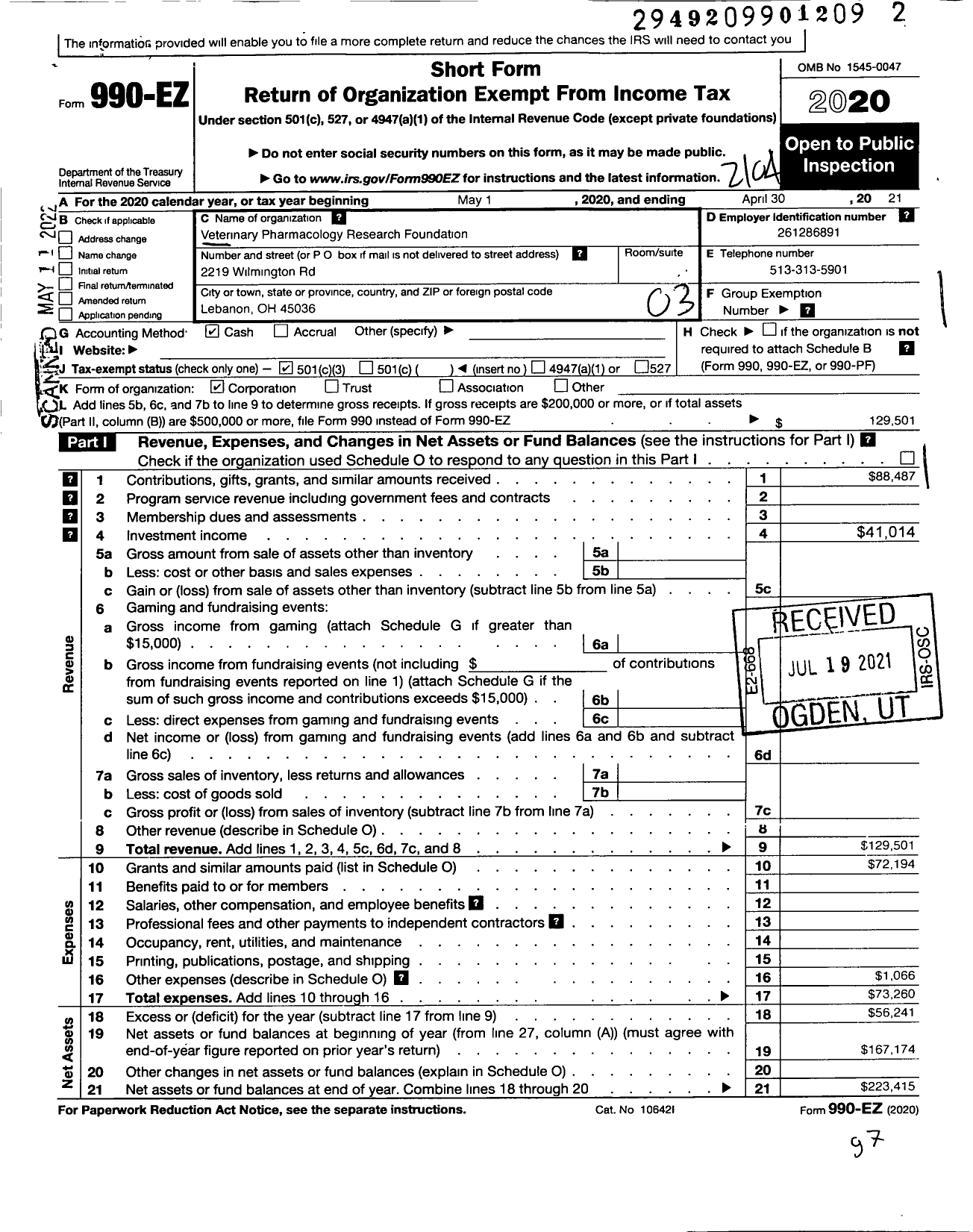 Image of first page of 2020 Form 990EZ for Veterinary Pharmacology Research Foundation