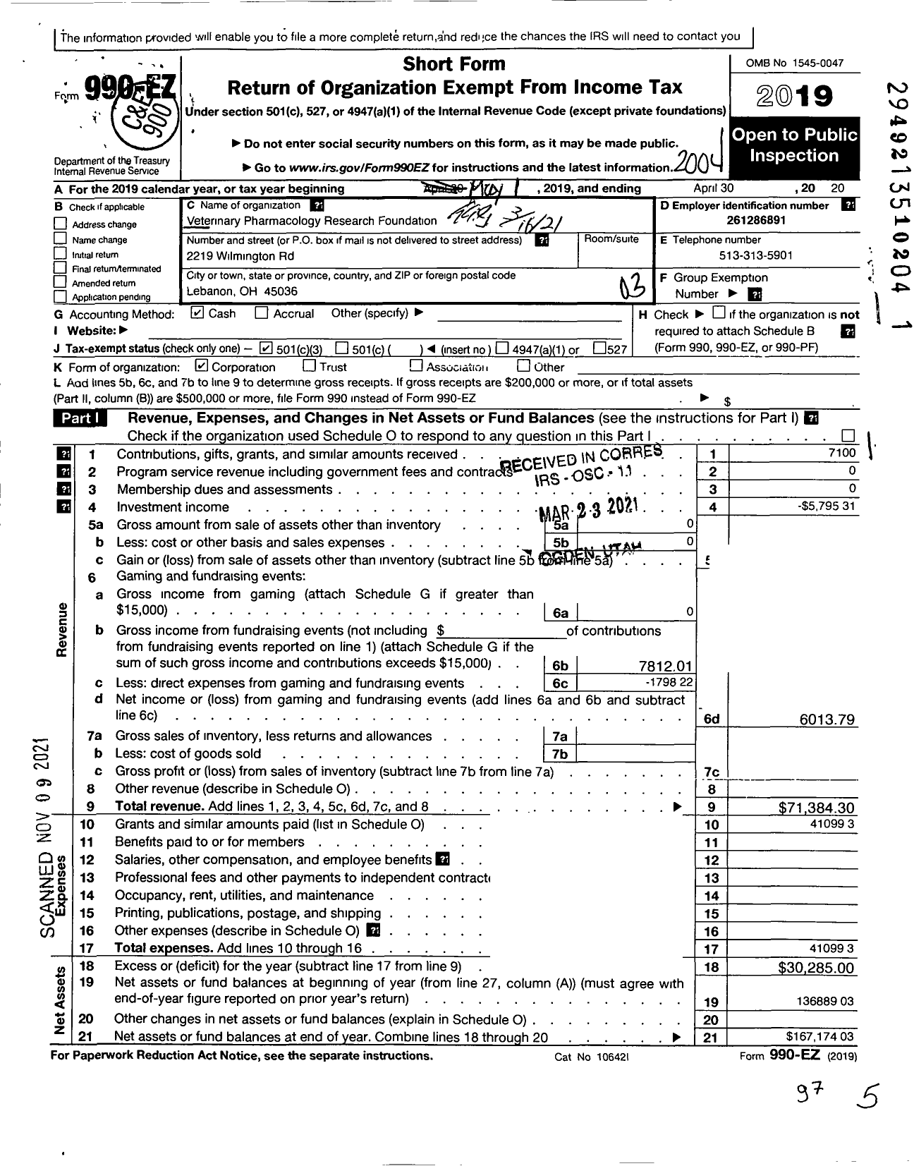 Image of first page of 2019 Form 990EZ for Veterinary Pharmacology Research Foundation