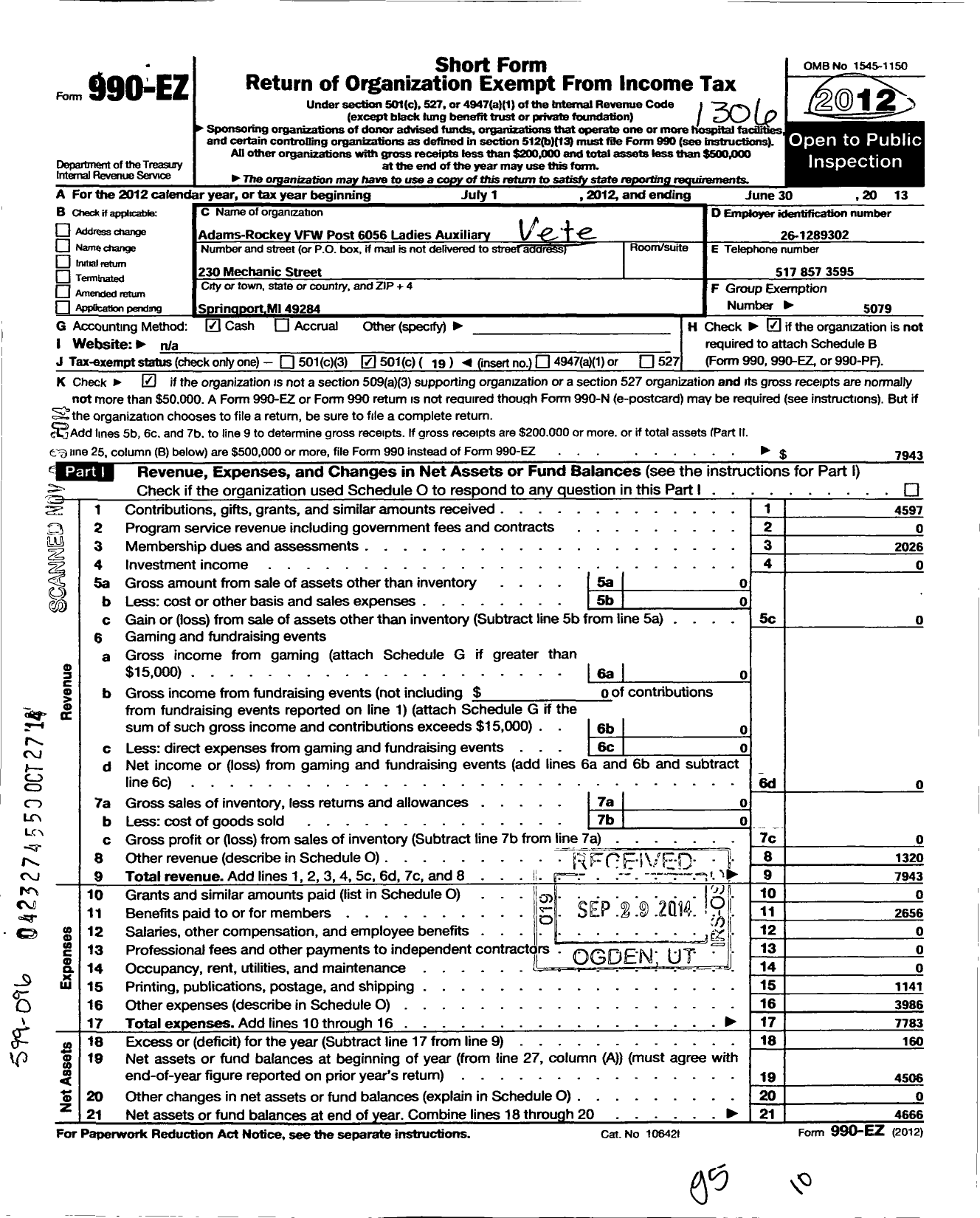 Image of first page of 2012 Form 990EO for Veterans of Foreign Wars of the Us Dept of Michigan Auxiliary - 6056 Adams-Rockey VFW Auxiliary