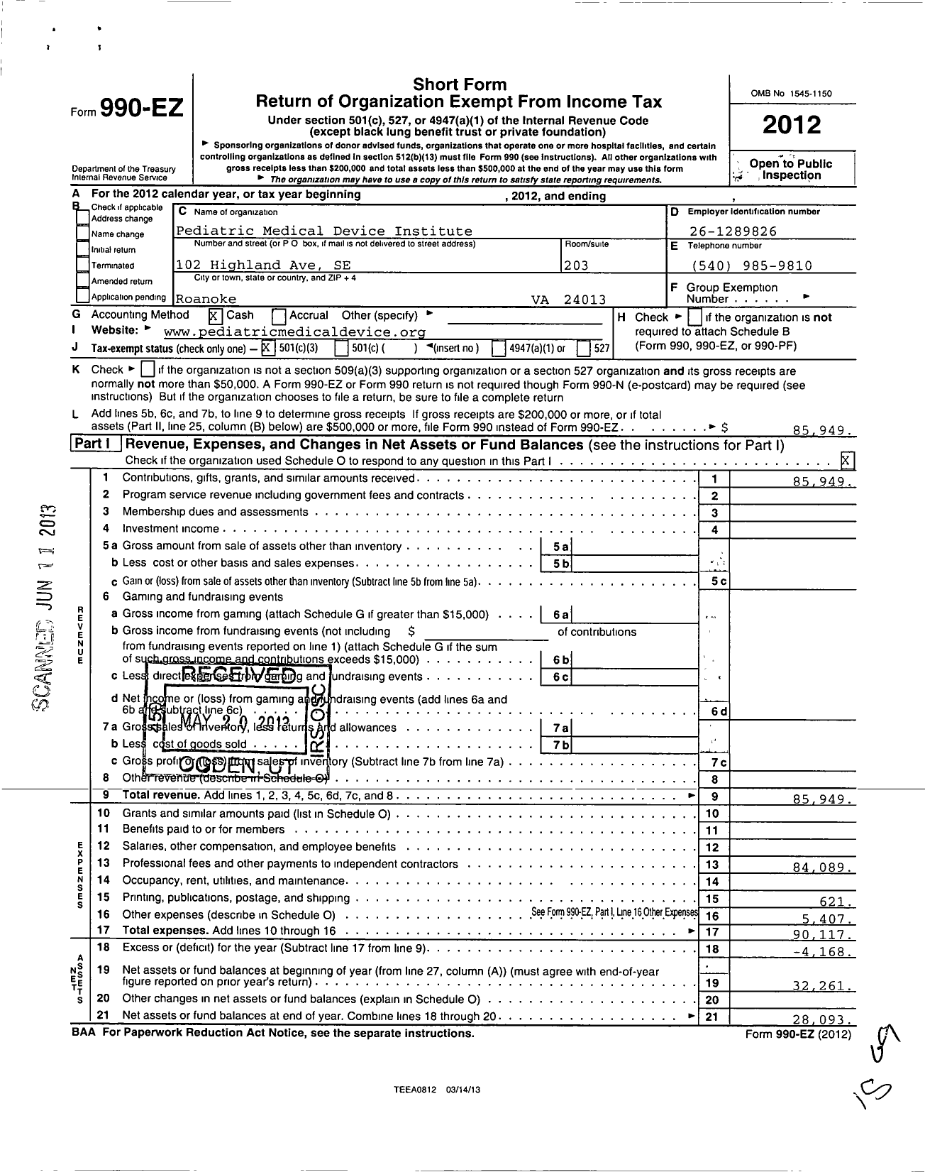 Image of first page of 2012 Form 990EZ for Pediatric Medical Device Institute