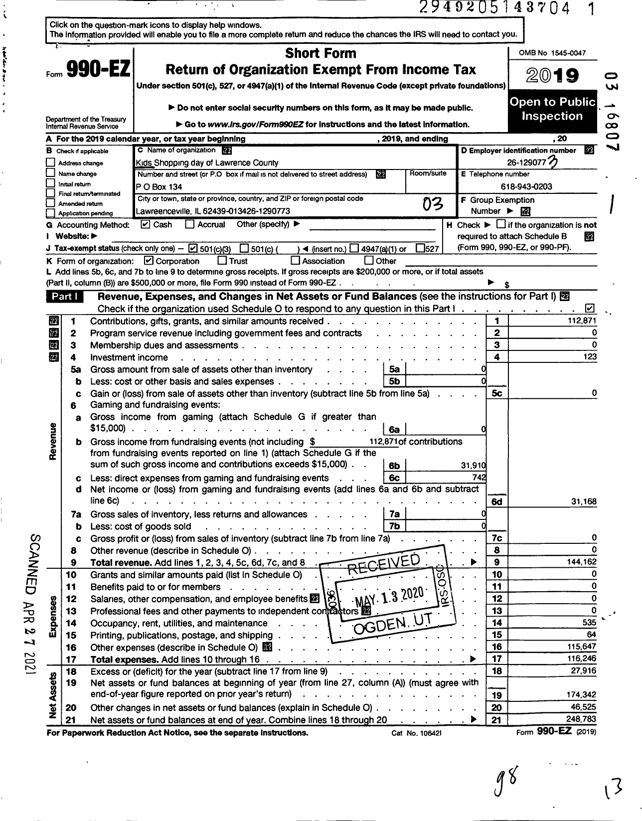 Image of first page of 2019 Form 990EZ for Kids Shopping Day of Lawrence County