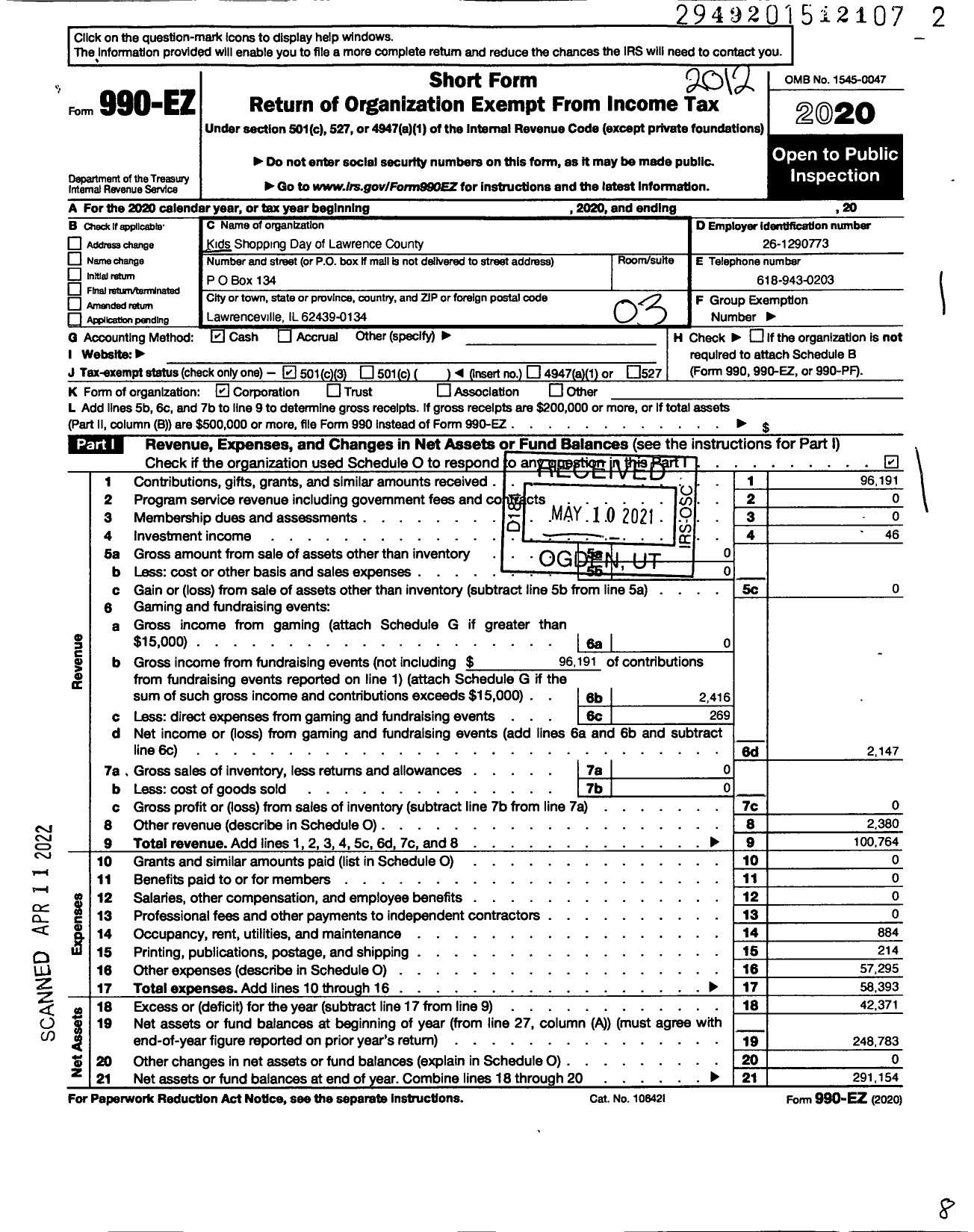 Image of first page of 2020 Form 990EZ for Kids Shopping Day of Lawrence County