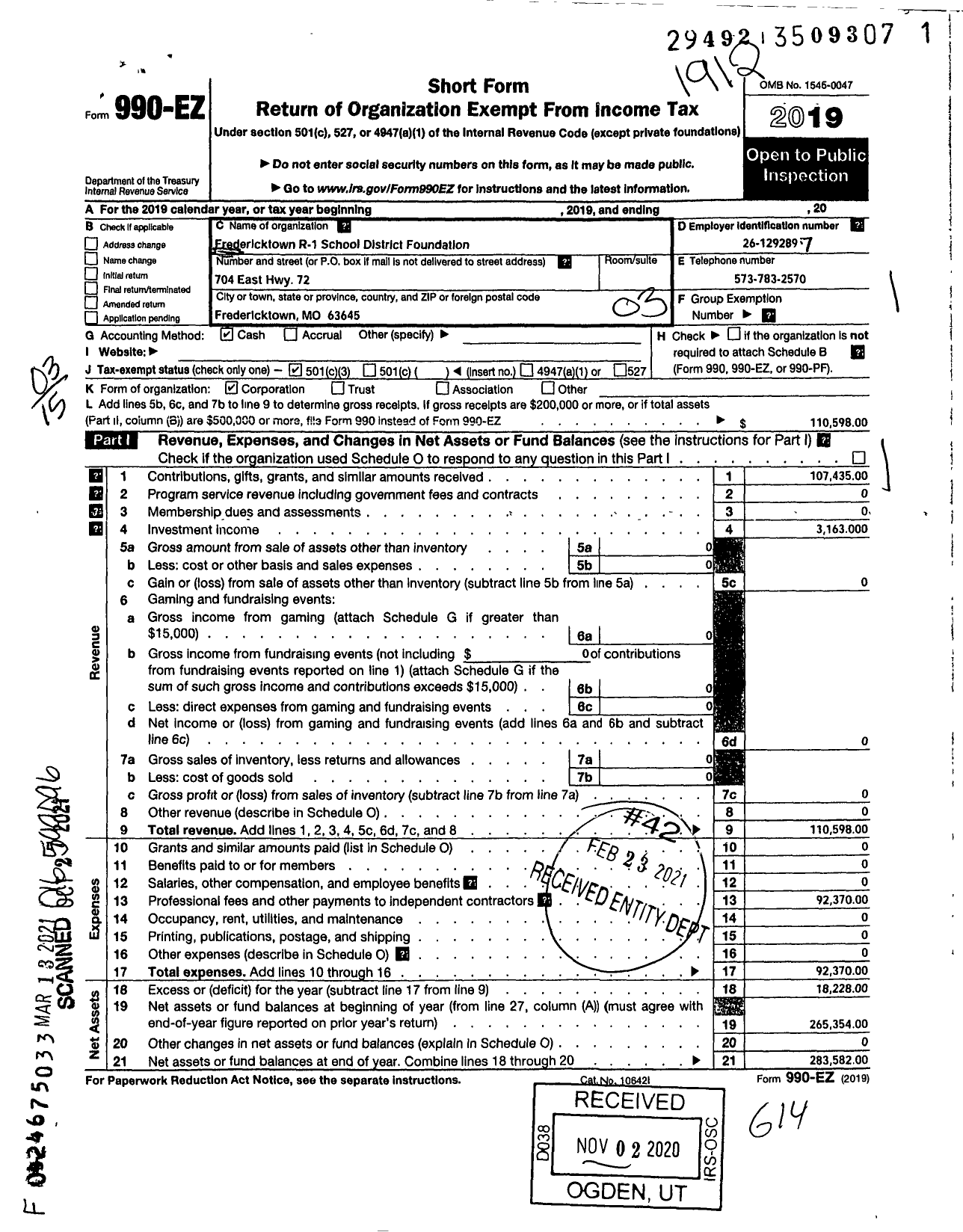 Image of first page of 2019 Form 990EZ for Fredericktown R-1 School District Foundation