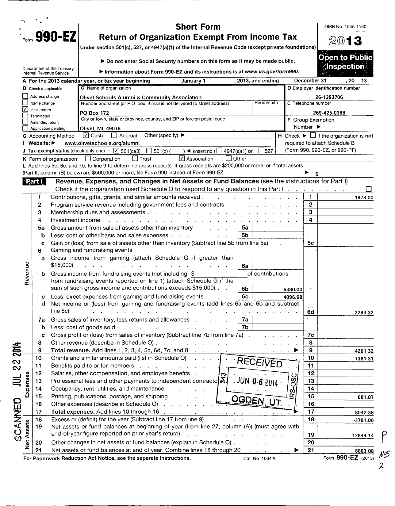 Image of first page of 2013 Form 990EZ for Olivet Schools Alumni and Community Association