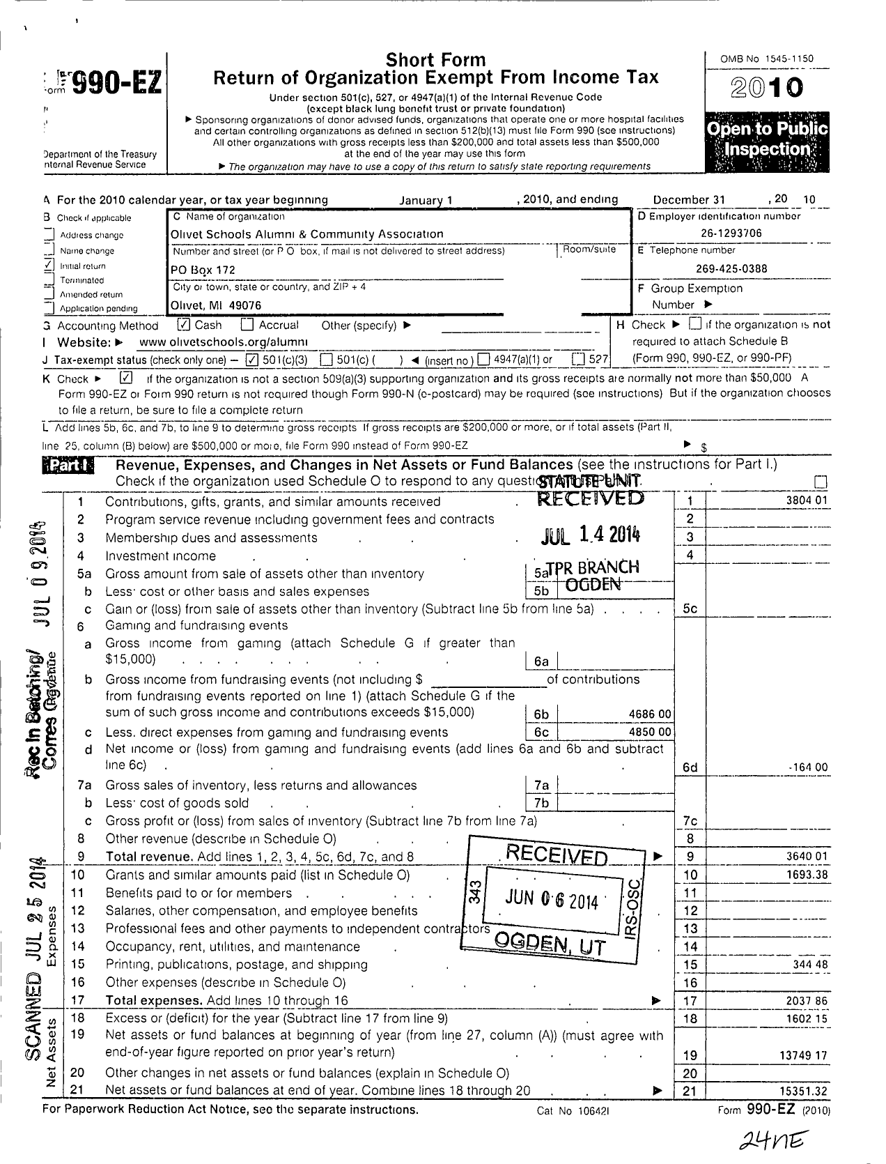 Image of first page of 2010 Form 990EZ for Olivet Schools Alumni and Community Association