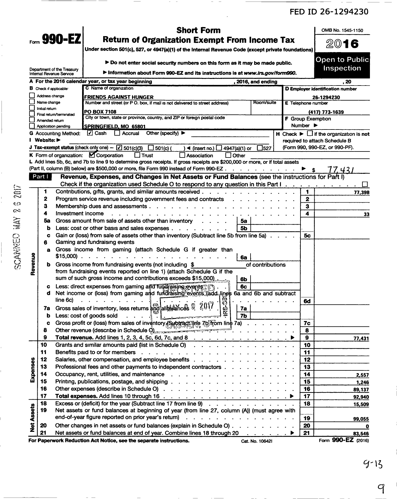 Image of first page of 2016 Form 990EZ for Friends Against Hunger