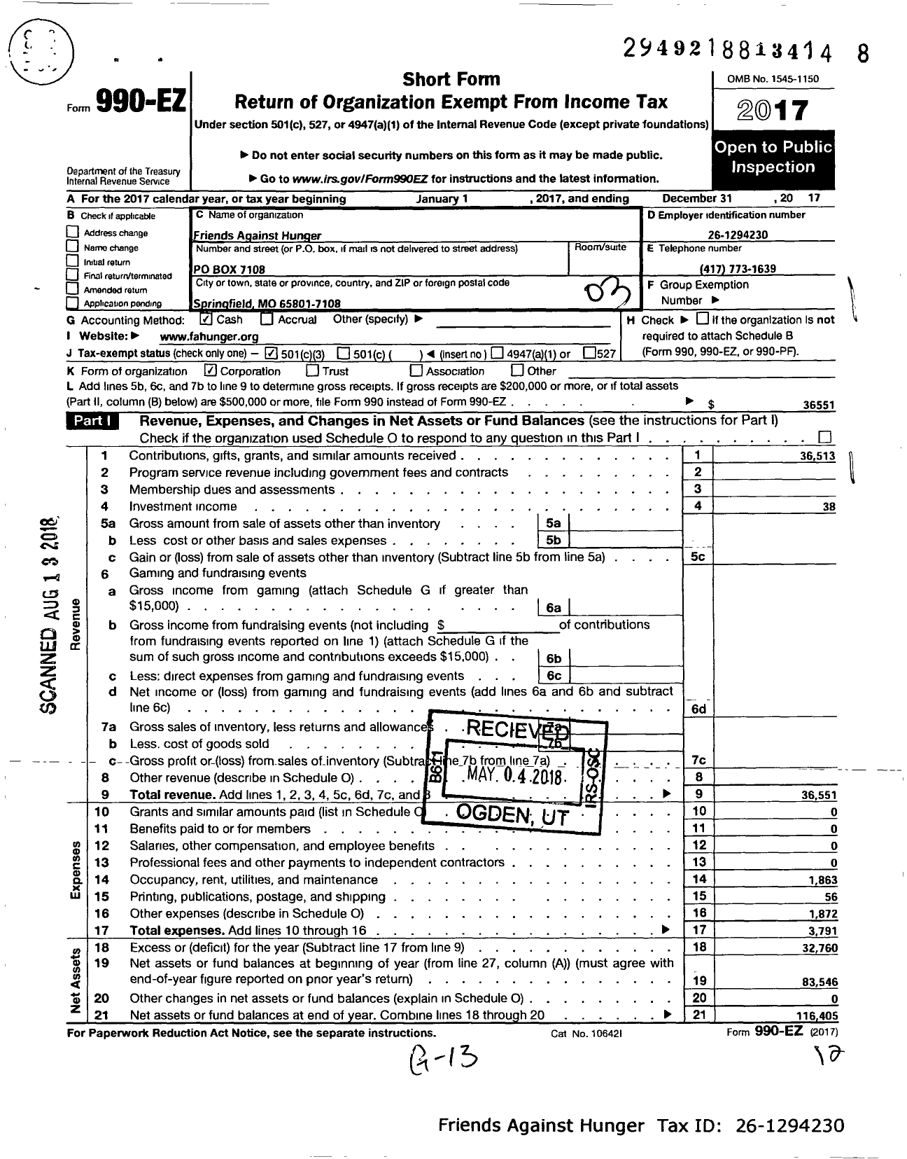 Image of first page of 2017 Form 990EZ for Friends Against Hunger