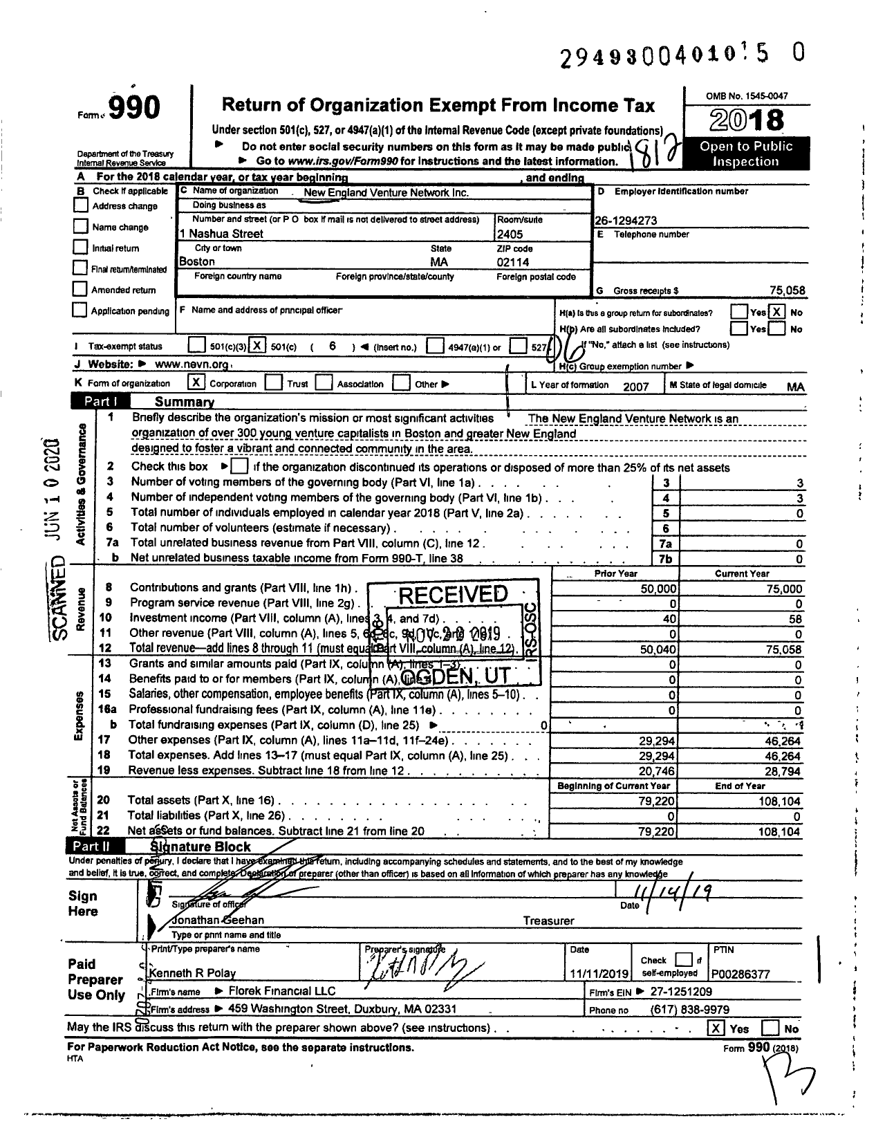 Image of first page of 2018 Form 990O for New England Venture Network