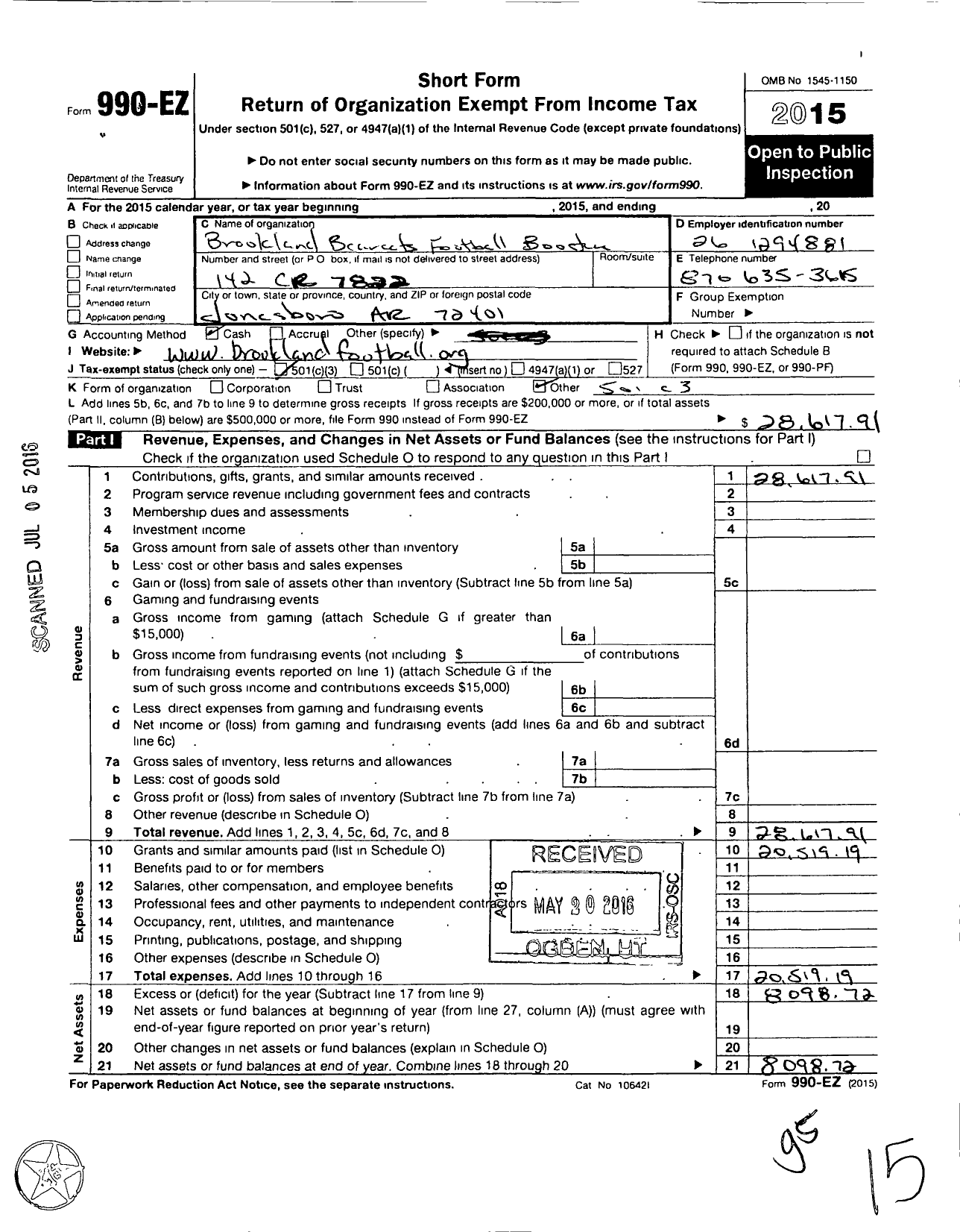 Image of first page of 2015 Form 990EZ for Brookland Bearcats Football Booster Club