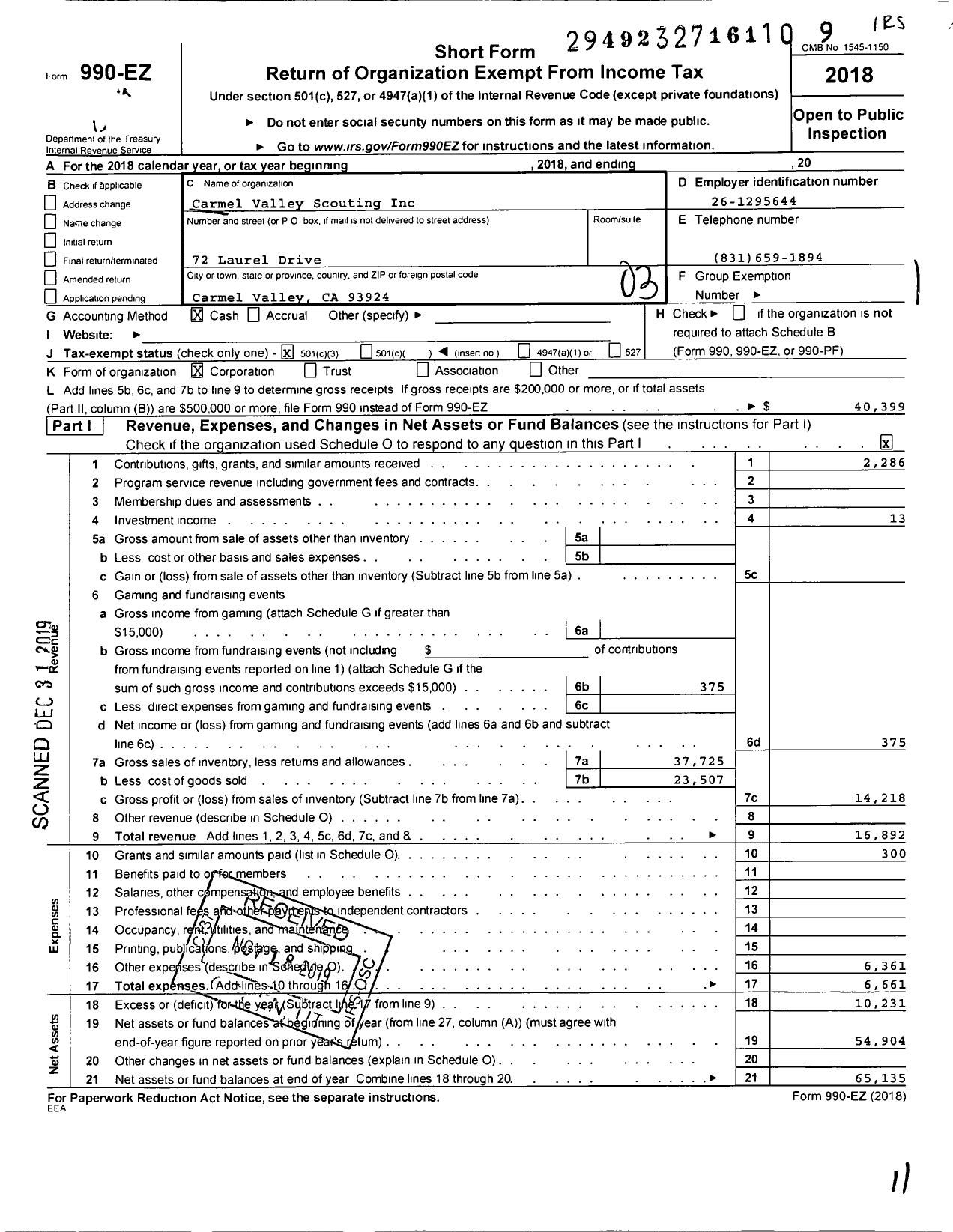 Image of first page of 2018 Form 990EZ for Carmel Valley Scouting