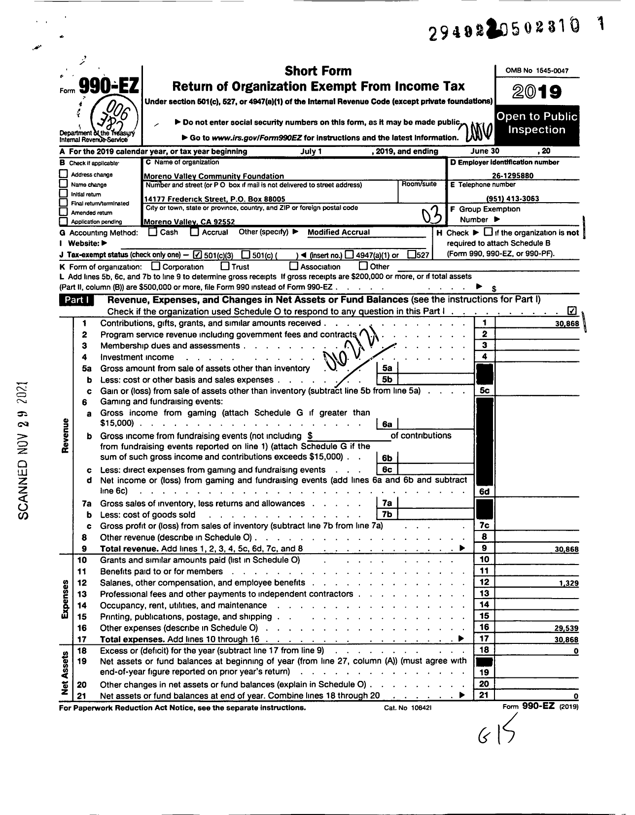 Image of first page of 2019 Form 990EZ for Moreno Valley Community Foundation