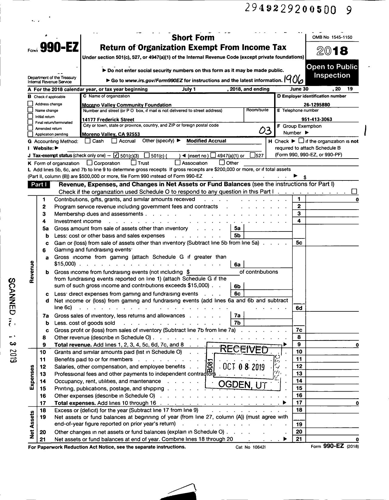 Image of first page of 2018 Form 990EZ for Moreno Valley Community Foundation