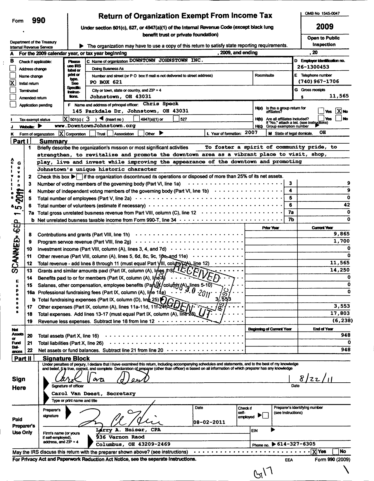 Image of first page of 2009 Form 990 for Downtown Johnstown