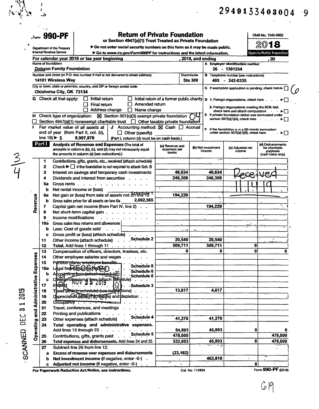 Image of first page of 2018 Form 990PF for Dobson Family Foundation