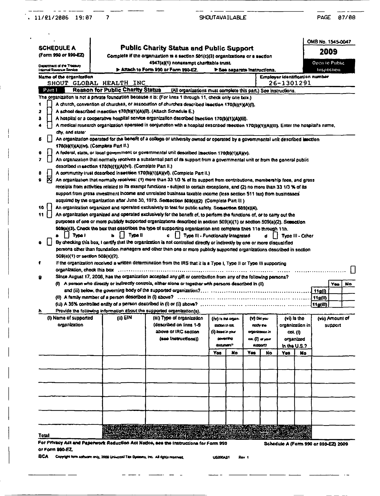 Image of first page of 2009 Form 990ER for Shout Global Health