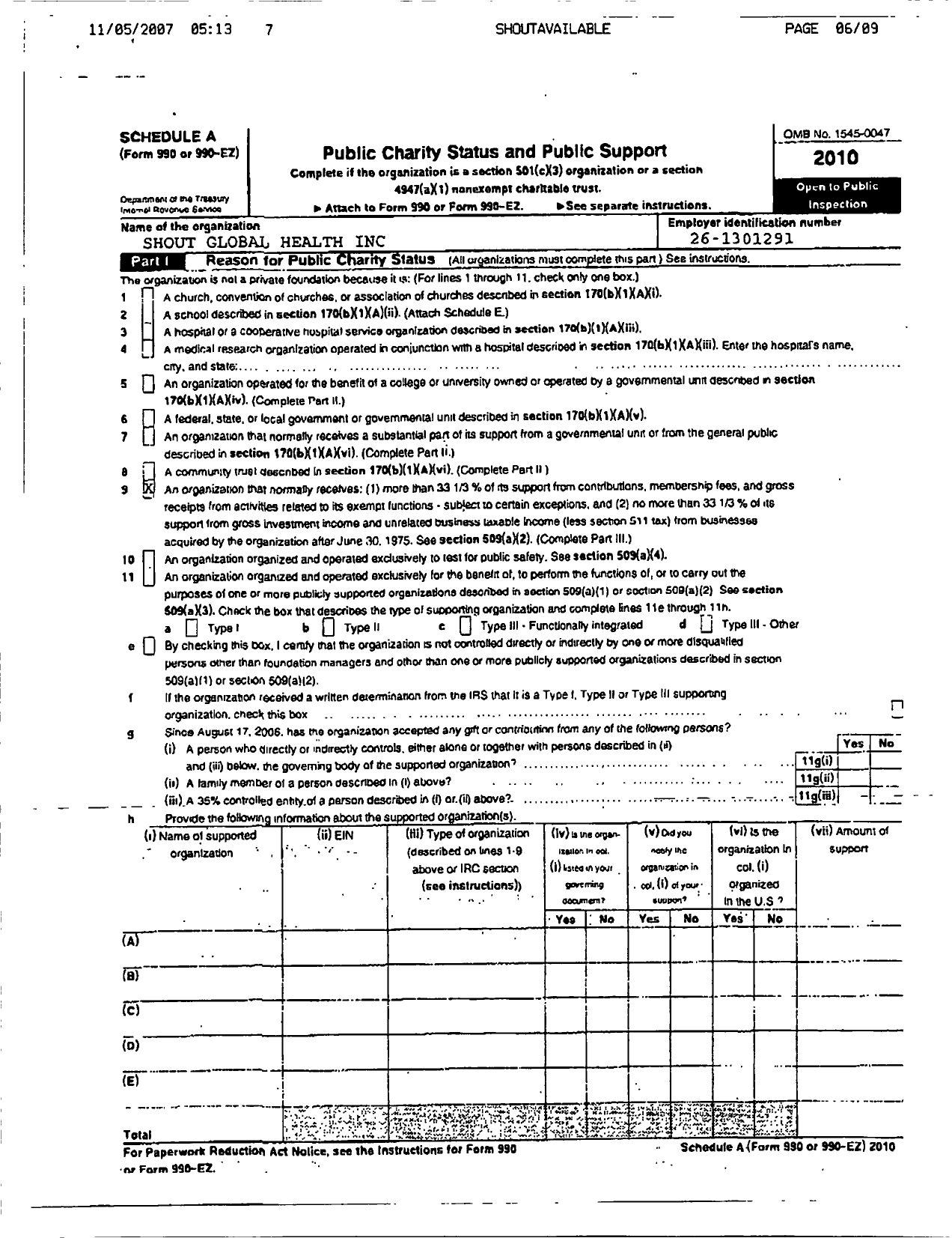 Image of first page of 2010 Form 990R for Shout Global Health