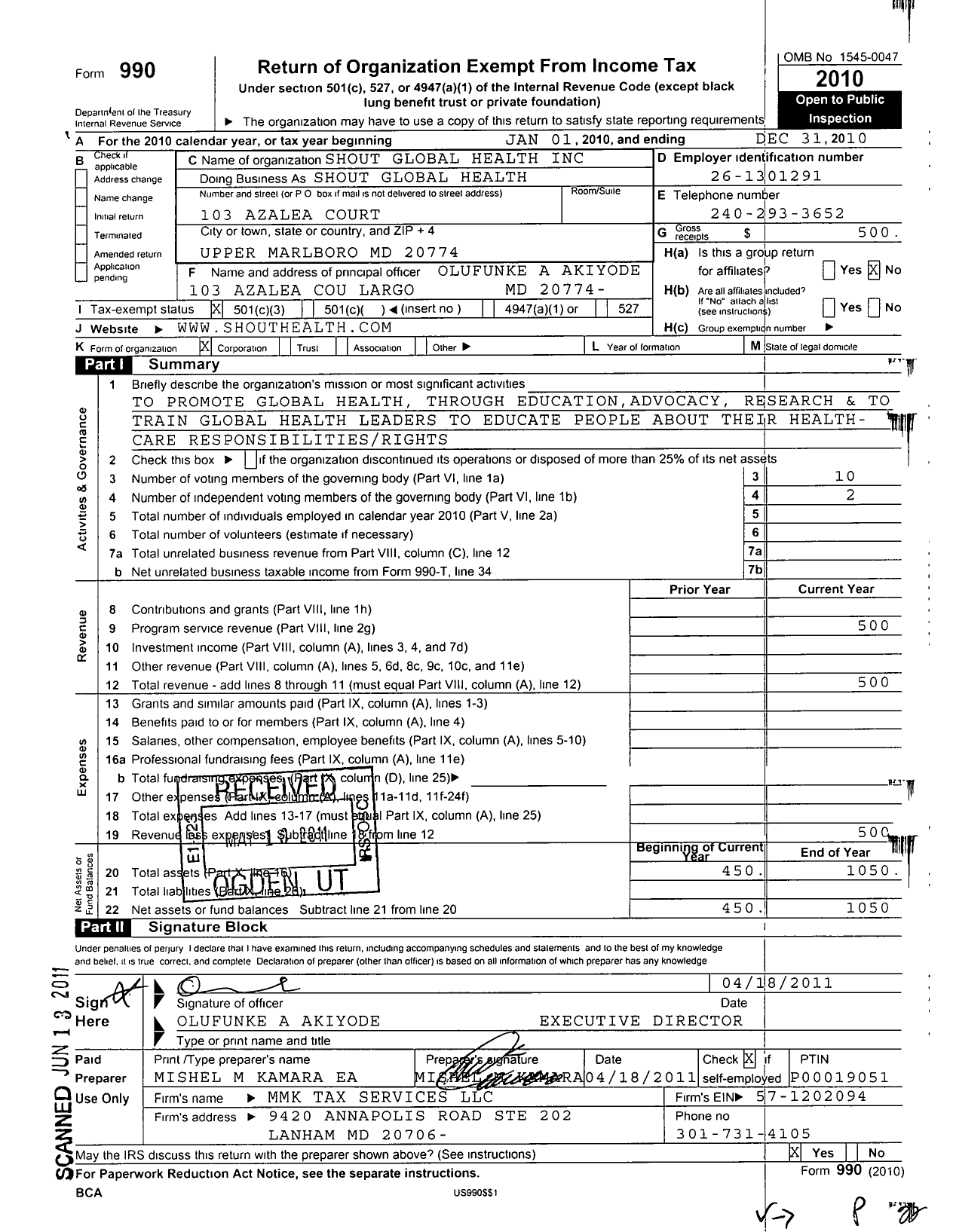 Image of first page of 2010 Form 990 for Shout Global Health