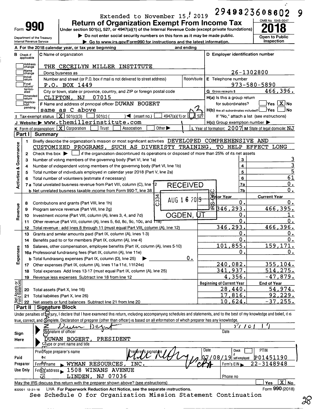 Image of first page of 2018 Form 990 for Ceceilyn Miller Institute for Leadership