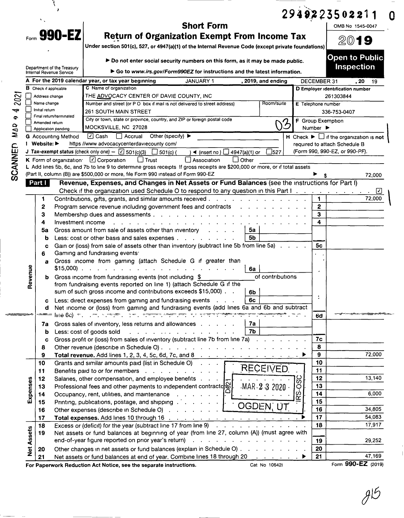 Image of first page of 2019 Form 990EZ for Advocacy Center of Davie County