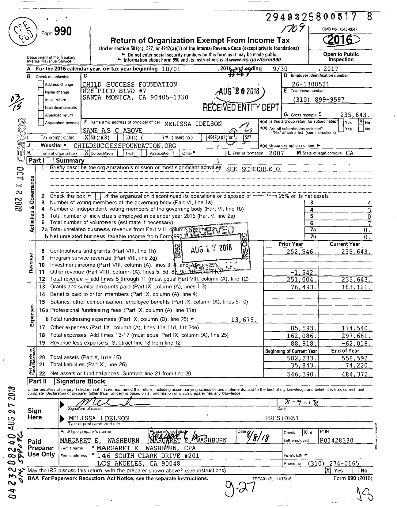 Image of first page of 2016 Form 990 for Child Success Foundation