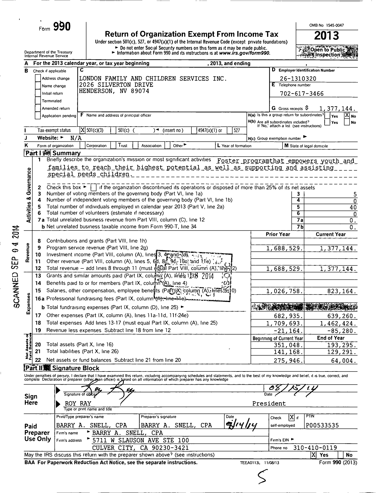 Image of first page of 2013 Form 990 for London Family and Childrens Services