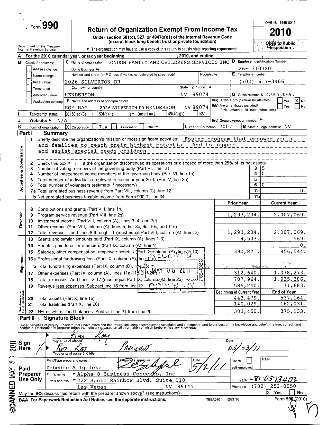 Image of first page of 2010 Form 990 for London Family and Childrens Services