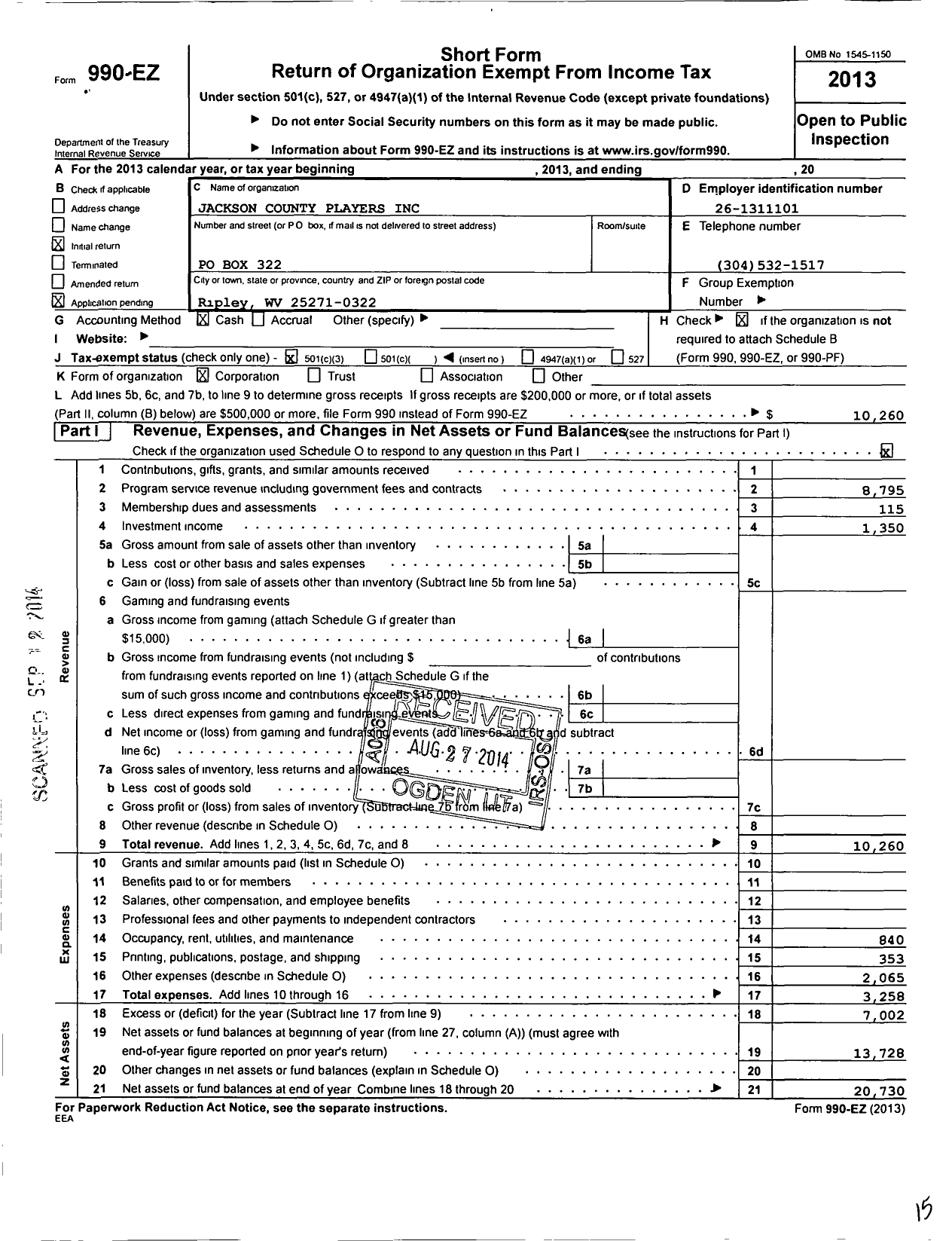 Image of first page of 2013 Form 990EZ for Jackson County Players