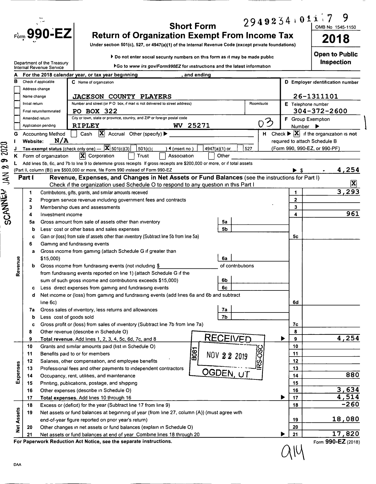 Image of first page of 2018 Form 990EZ for Jackson County Players