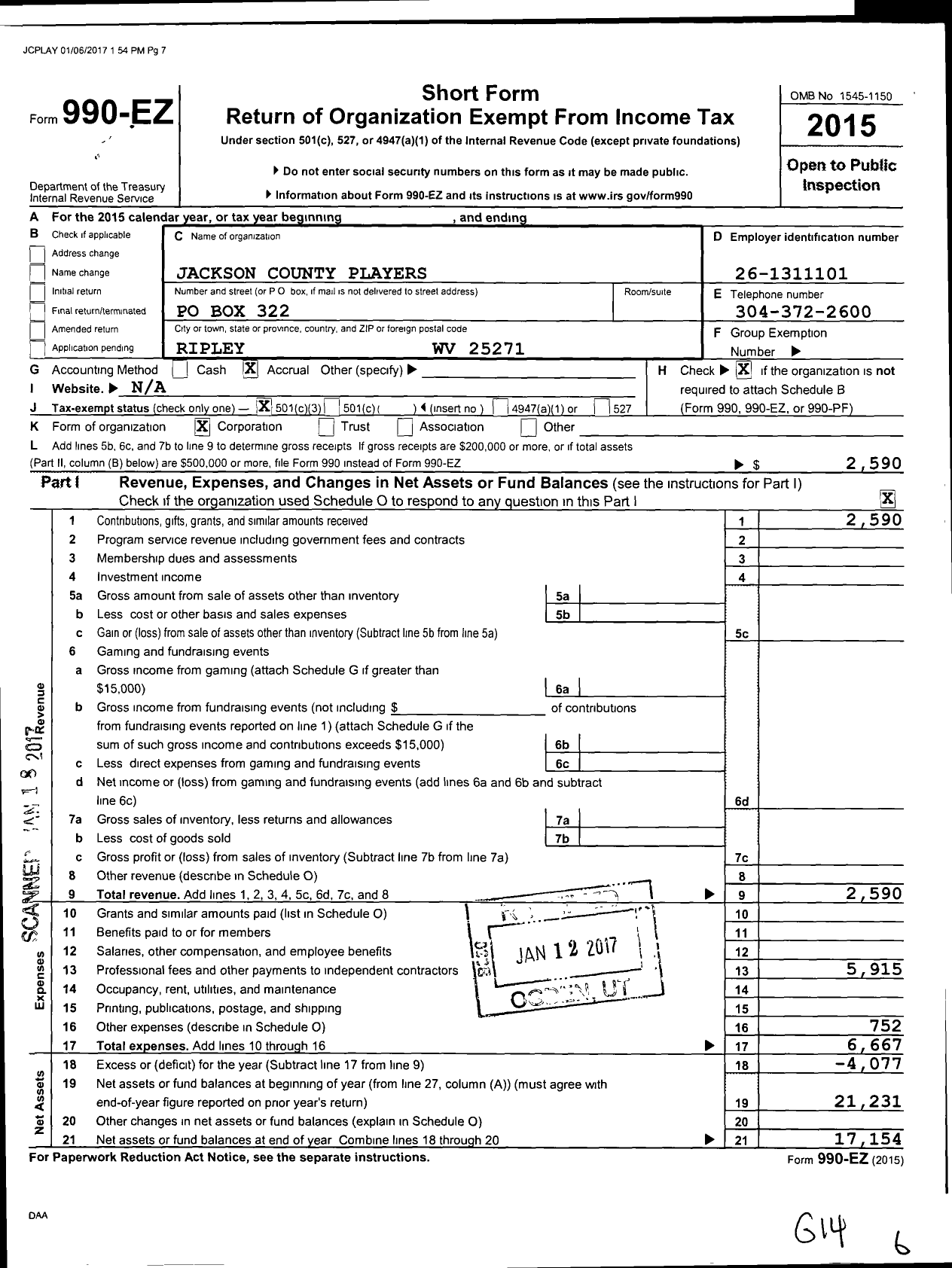 Image of first page of 2015 Form 990EZ for Jackson County Players