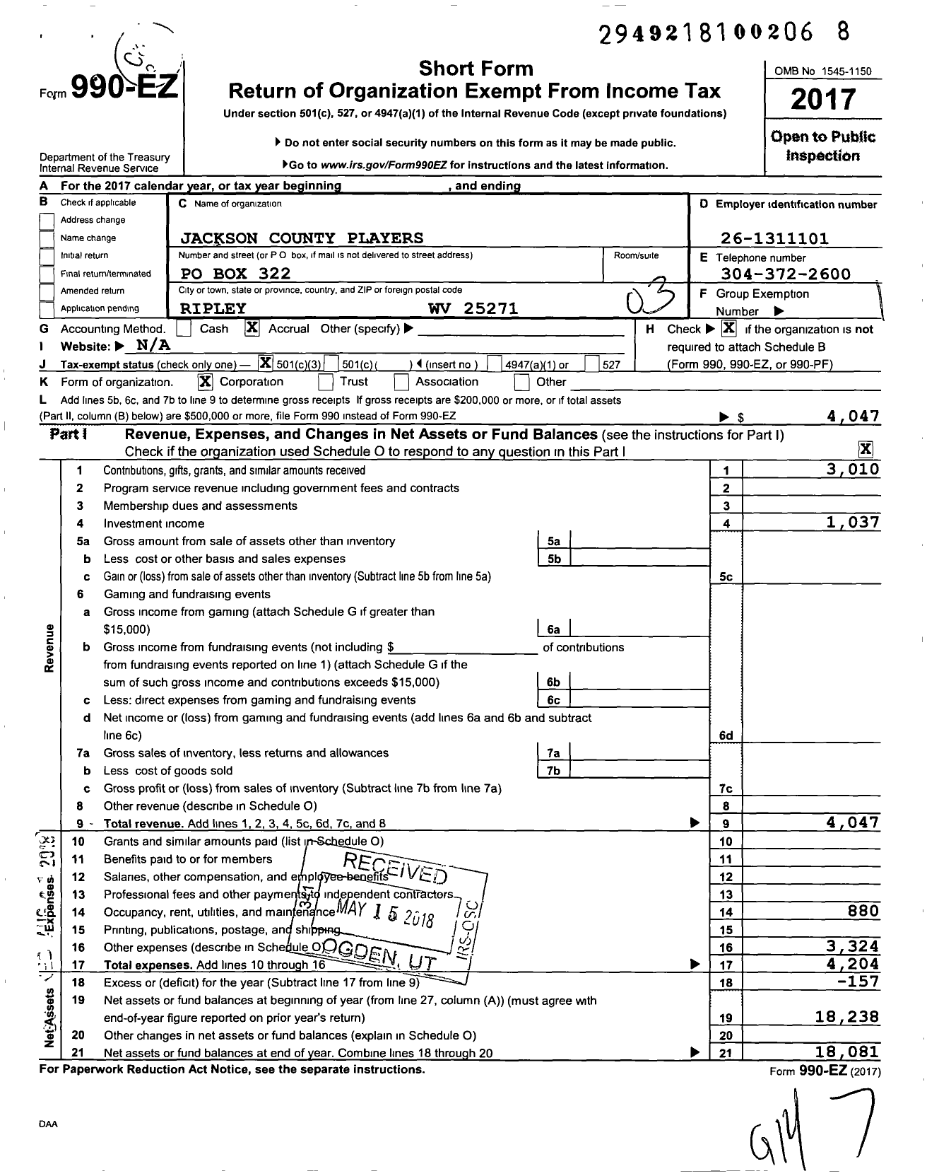 Image of first page of 2017 Form 990EZ for Jackson County Players