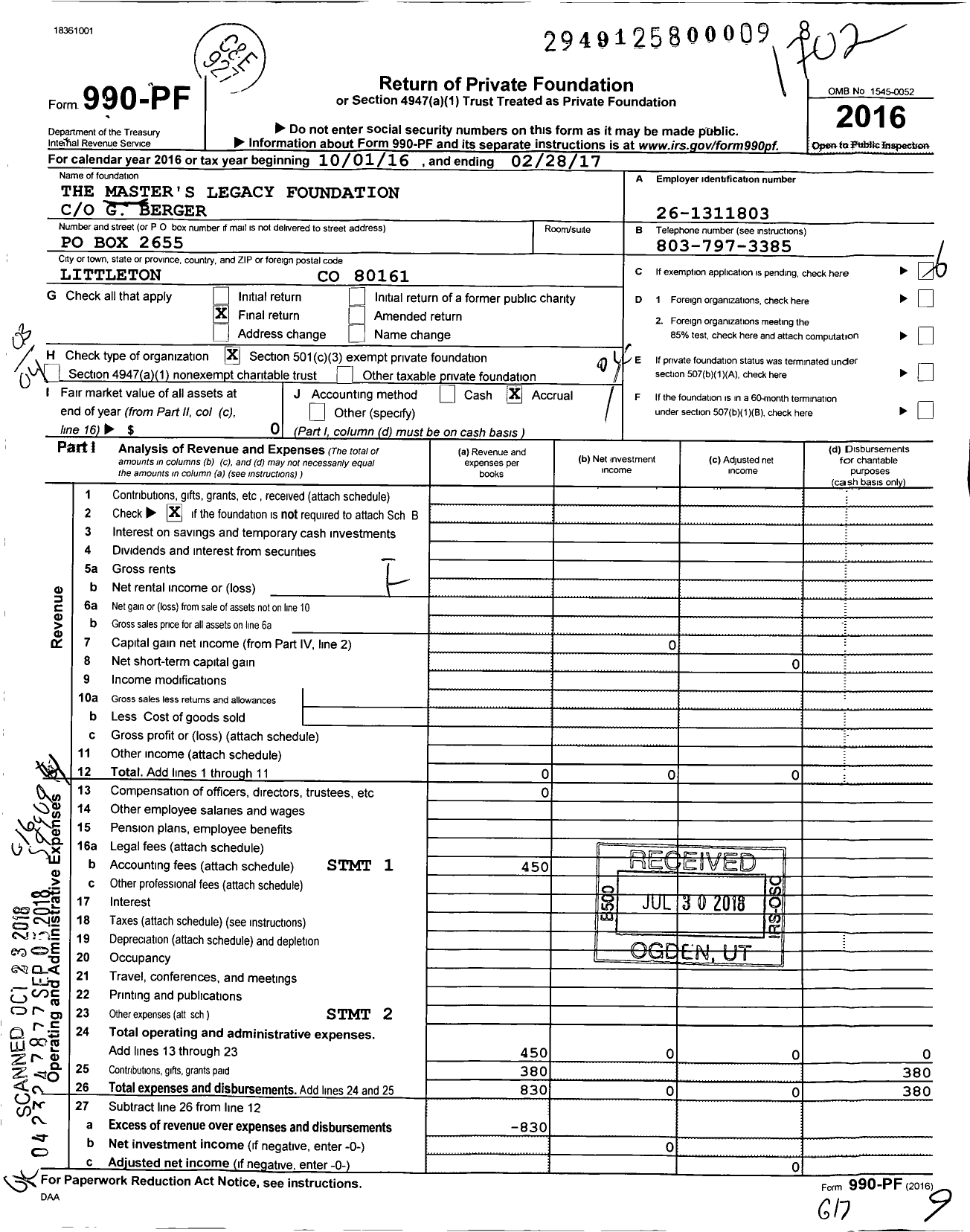 Image of first page of 2016 Form 990PF for The Master's Legacy Foundation