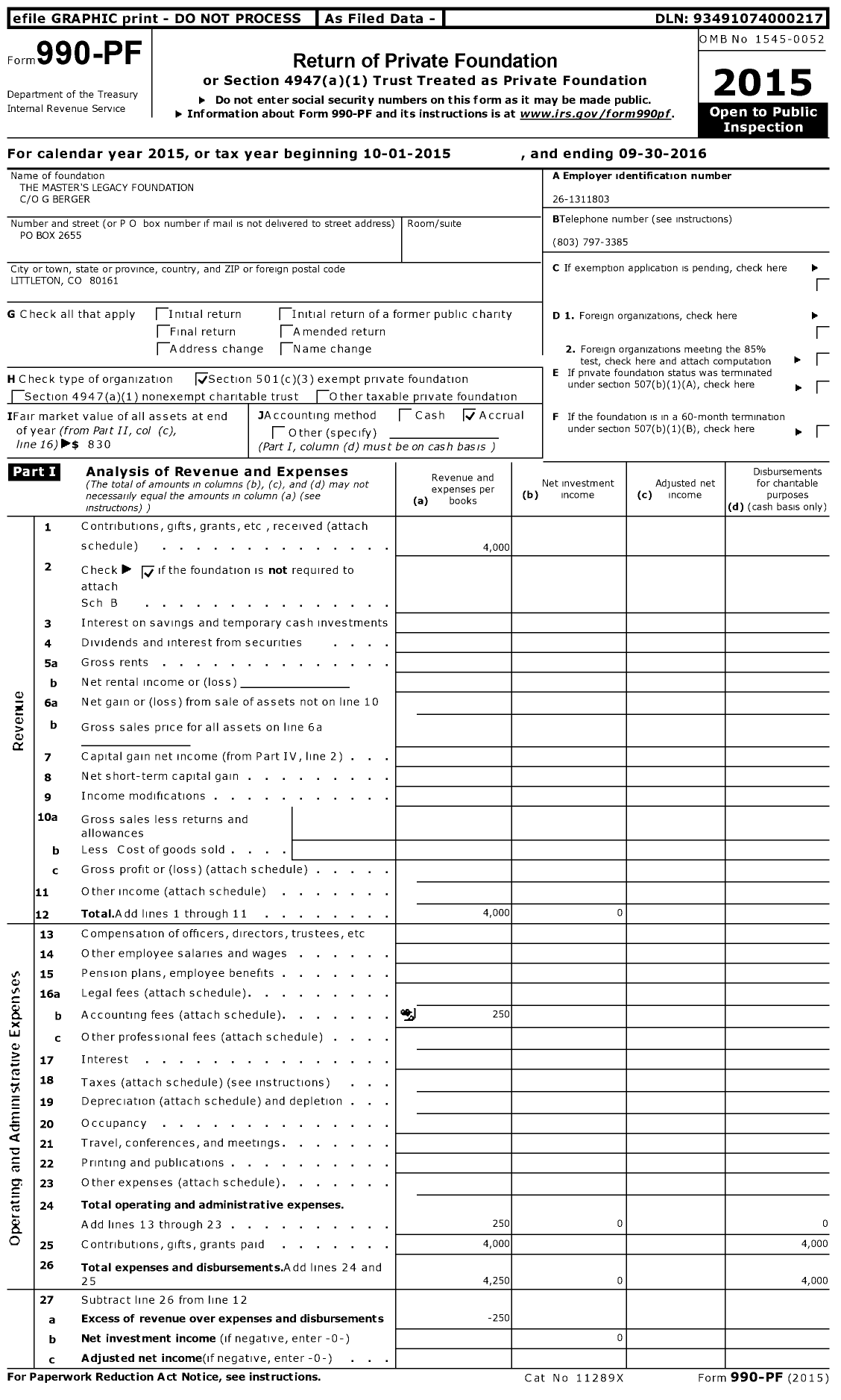 Image of first page of 2015 Form 990PF for The Master's Legacy Foundation