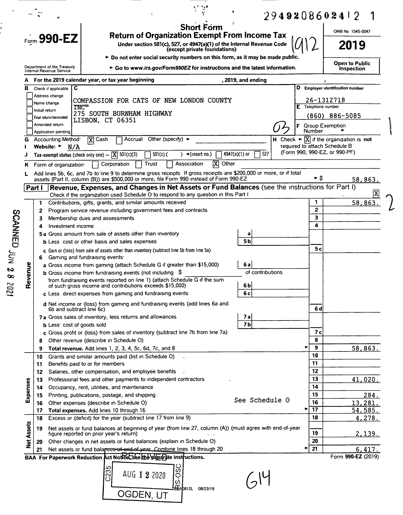 Image of first page of 2019 Form 990EZ for Compasison for Cats of New London County