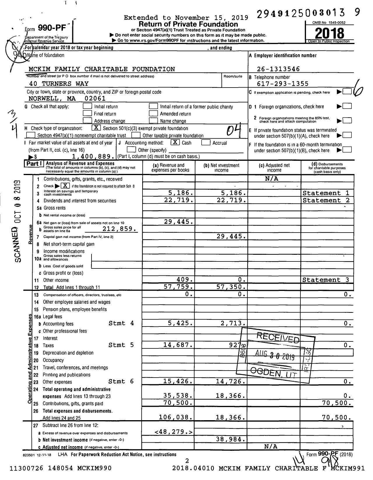 Image of first page of 2018 Form 990PF for Mckim Family Charitable Foundation