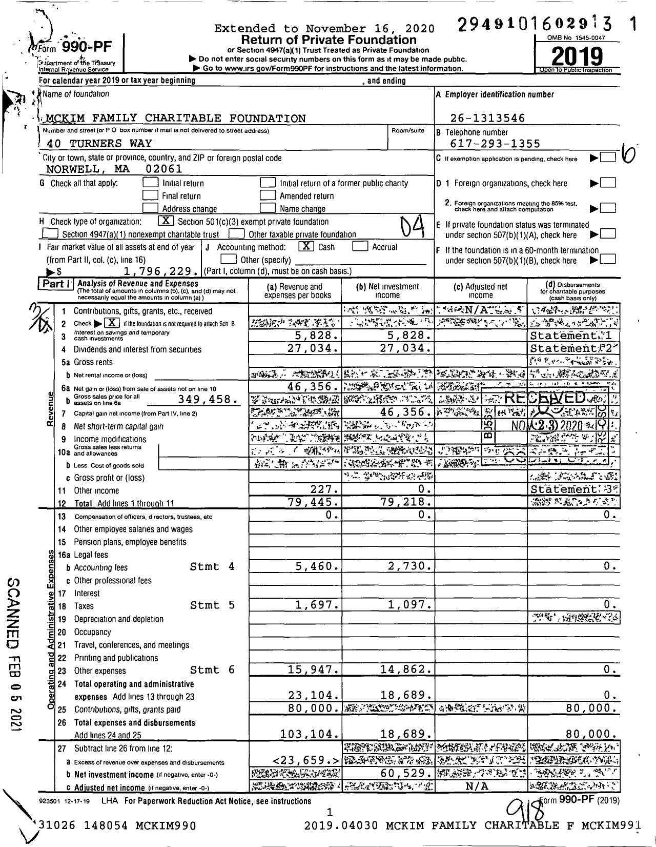 Image of first page of 2019 Form 990PF for Mckim Family Charitable Foundation