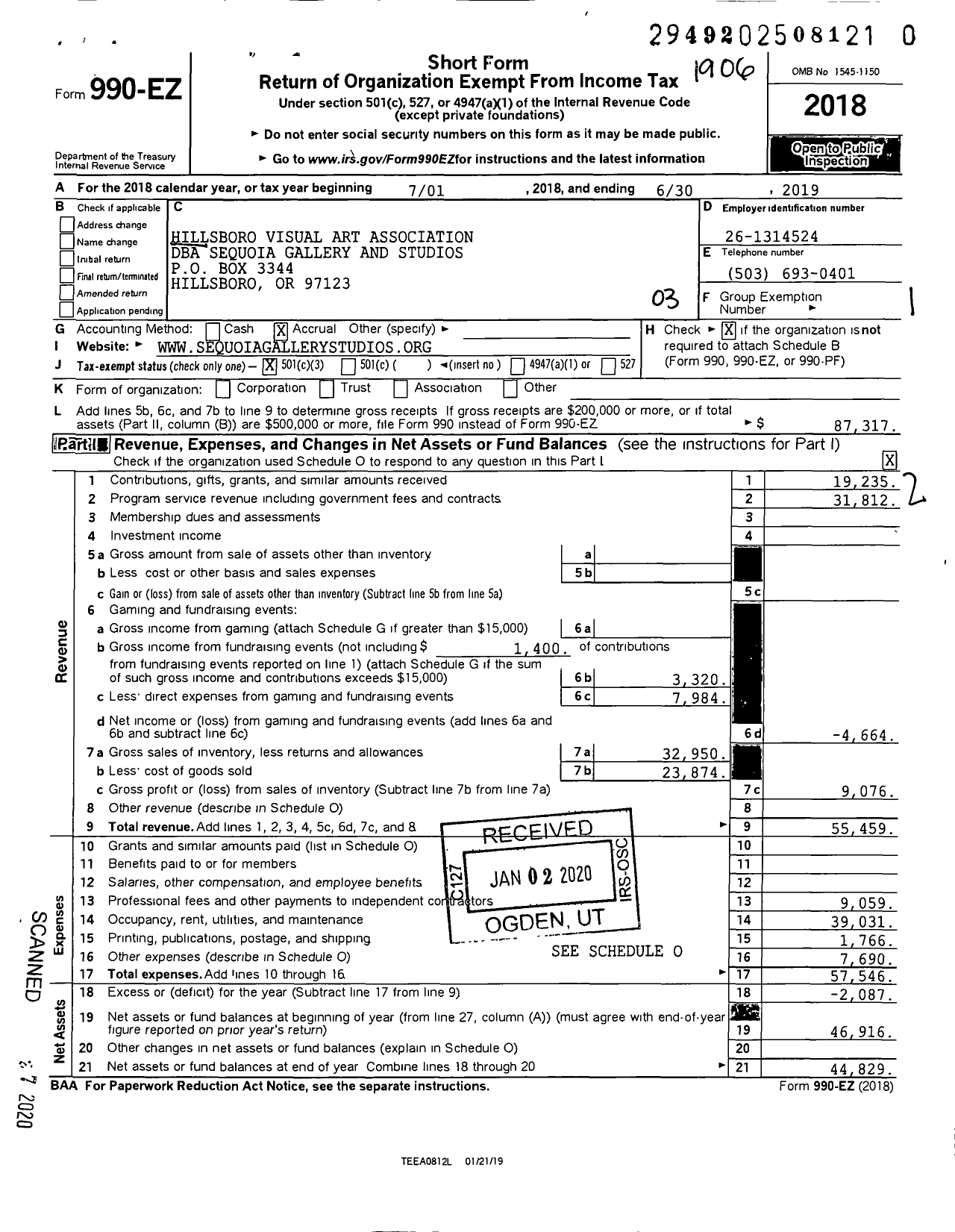 Image of first page of 2018 Form 990EZ for Sequoia Gallery and Studios