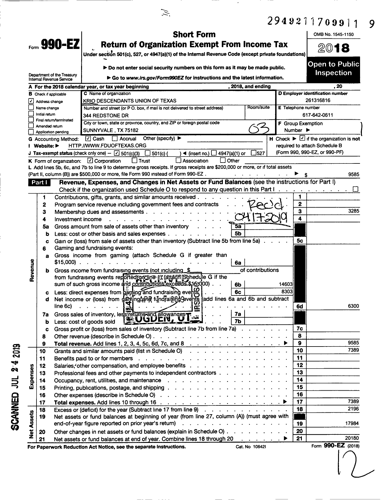 Image of first page of 2018 Form 990EZ for Krio Descendants Union of Texas