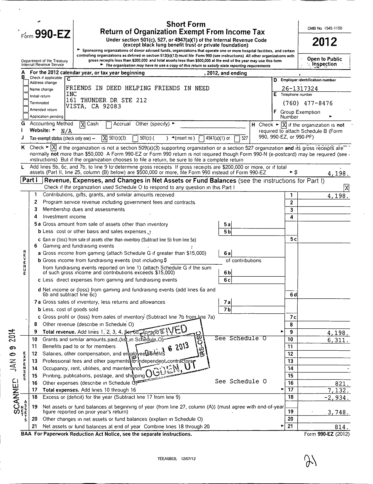 Image of first page of 2012 Form 990EZ for Friends in Deed Helping Friends in Need Incorporated