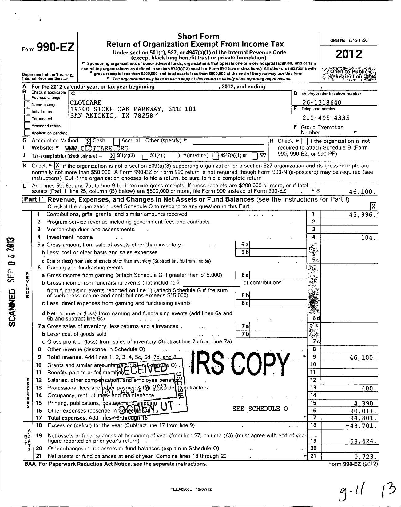 Image of first page of 2012 Form 990EZ for ClotCare