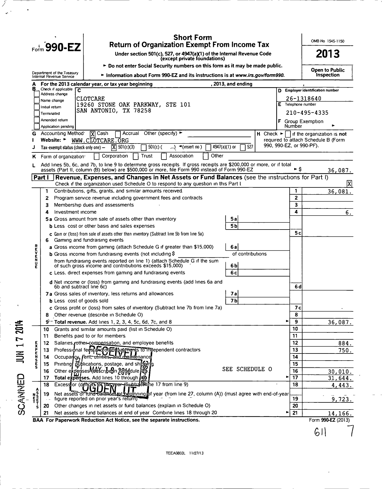 Image of first page of 2013 Form 990EZ for ClotCare