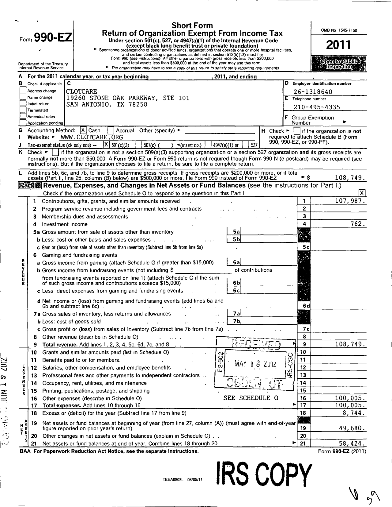 Image of first page of 2011 Form 990EZ for ClotCare