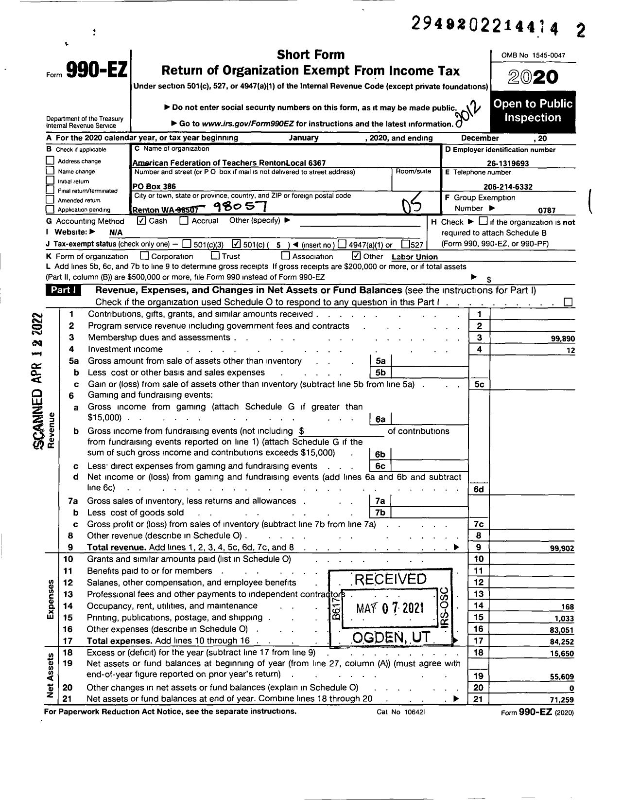 Image of first page of 2020 Form 990EO for AMERICAN FEDERATION OF TEACHERS - 6367 Renton