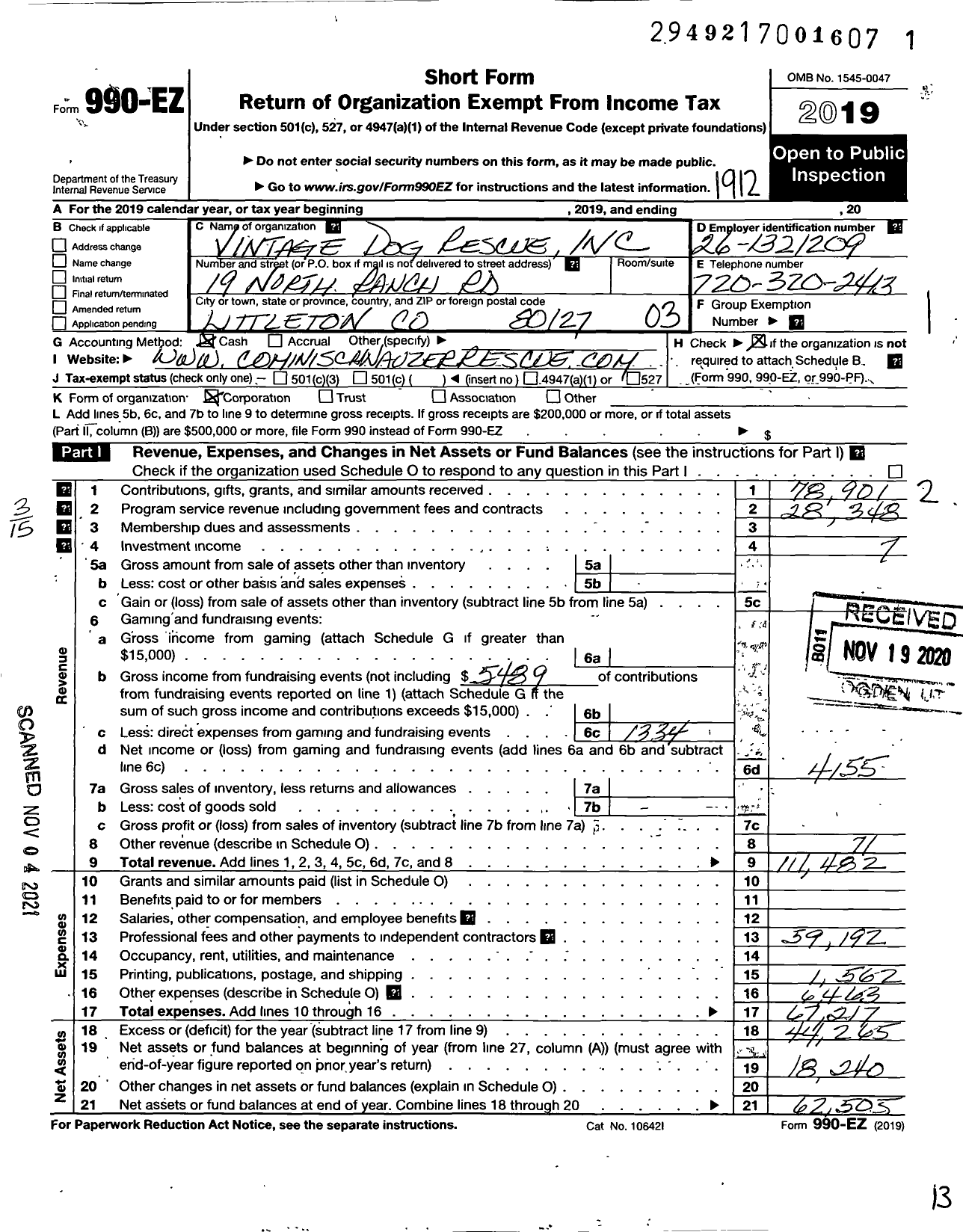 Image of first page of 2019 Form 990EZ for Vintage Dog Rescue