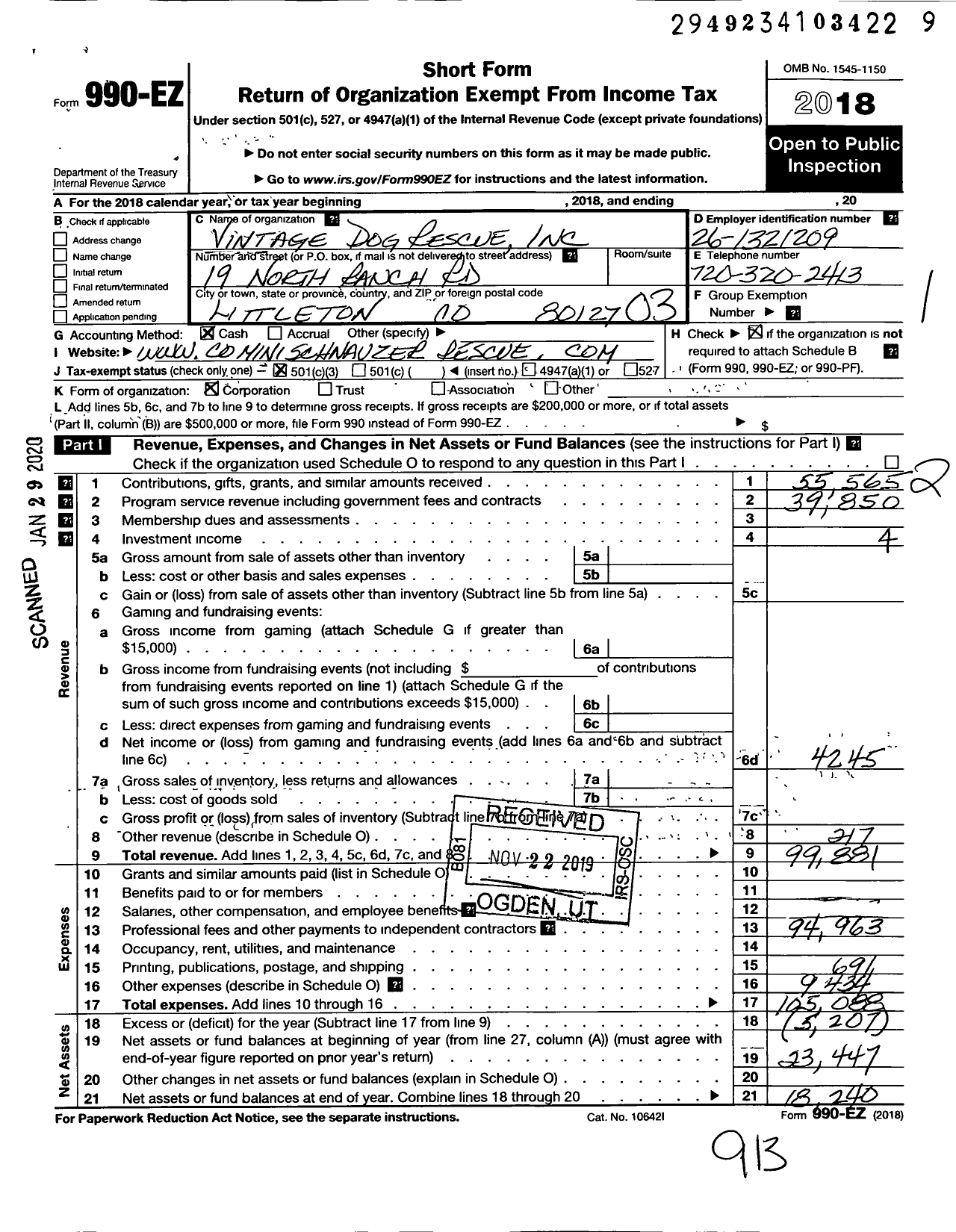 Image of first page of 2018 Form 990EZ for Vintage Dog Rescue